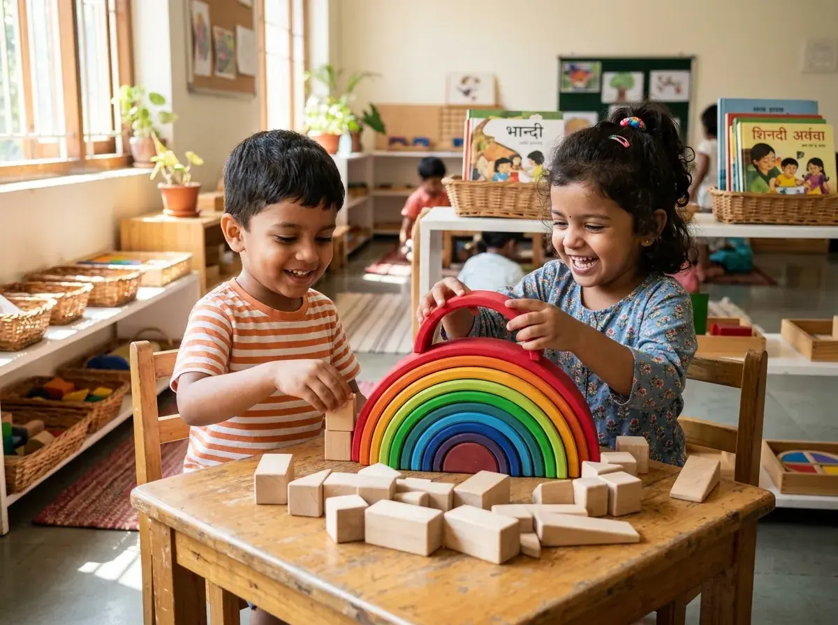 Two young Indian children engaged with wooden rainbow arch toys at Mirai school
