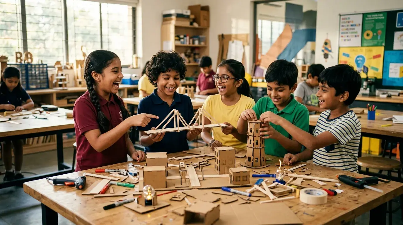 Mirai primary students collaborating around a large workshop table building a city model prototype