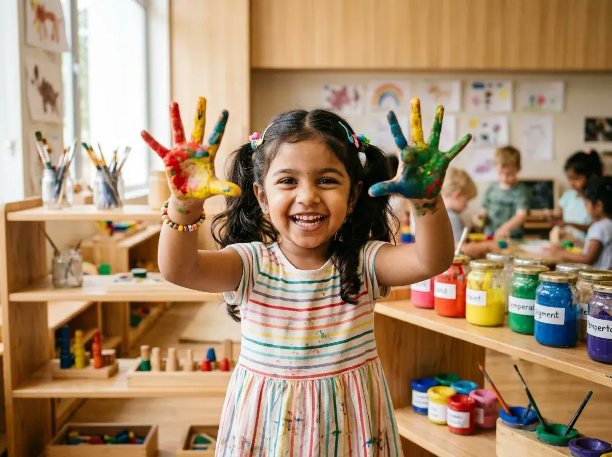 Young Indian child at Mirai Experiential School with painted hands smiling joyfully