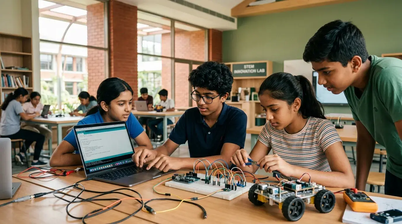 Middle school students working with robotics, coding, and electronics in Mirai maker space
