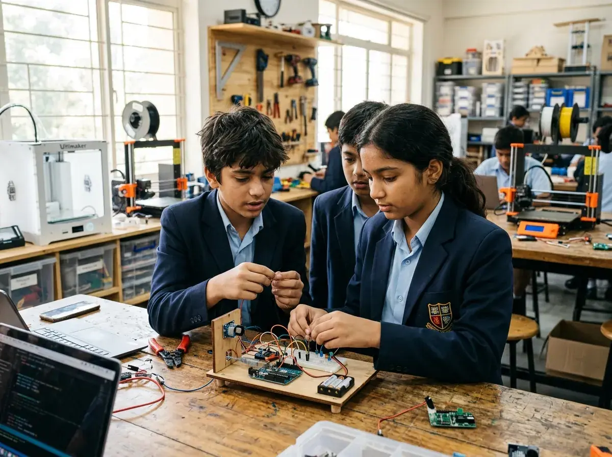 Indian middle school students collaborating on an engineering prototype in Mirai Experiential School maker studio